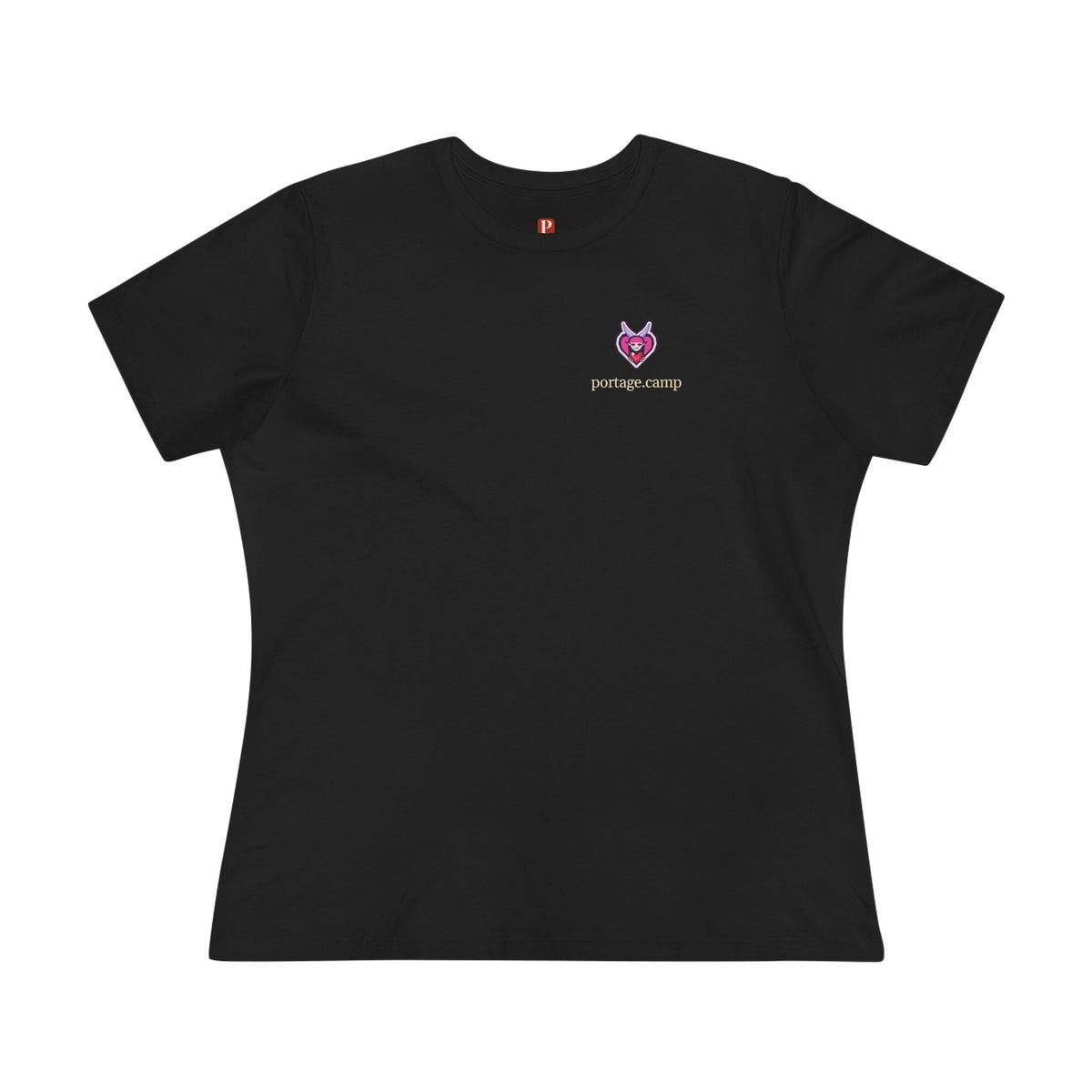 Heart Thief Women’s Relaxed Tee in Black, front view with the Heart Thief logo and portage.camp on the chest. Digital product mockup.
