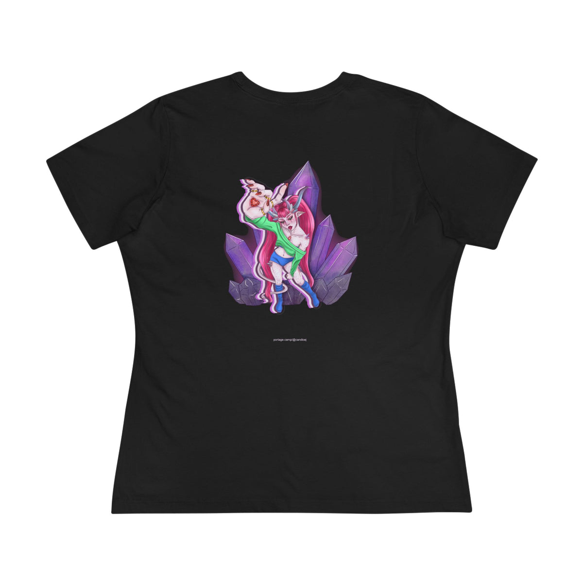 Heart Thief Women’s Relaxed Tee in Black, back view with the large illustrated print. Digital product mockup.