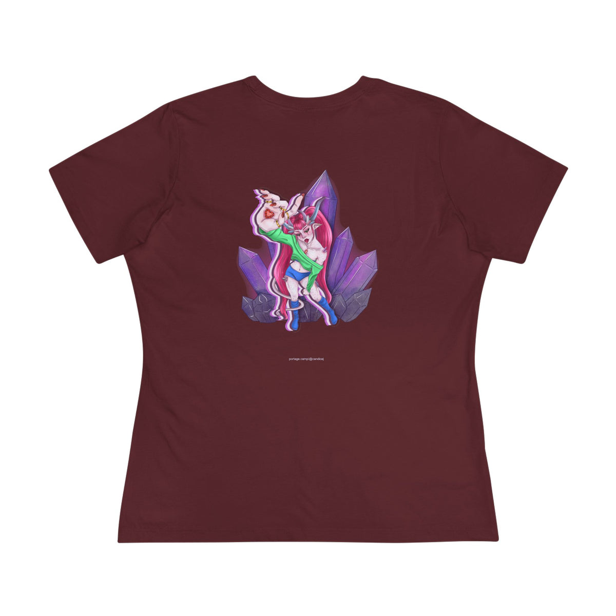 Heart Thief Women’s Relaxed Tee in Maroon, back view with the large illustrated print. Digital product mockup.