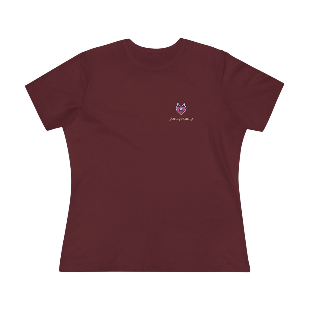 Heart Thief Women’s Relaxed Tee in Maroon, front view with the Heart Thief logo and portage.camp on the chest. Digital product mockup.