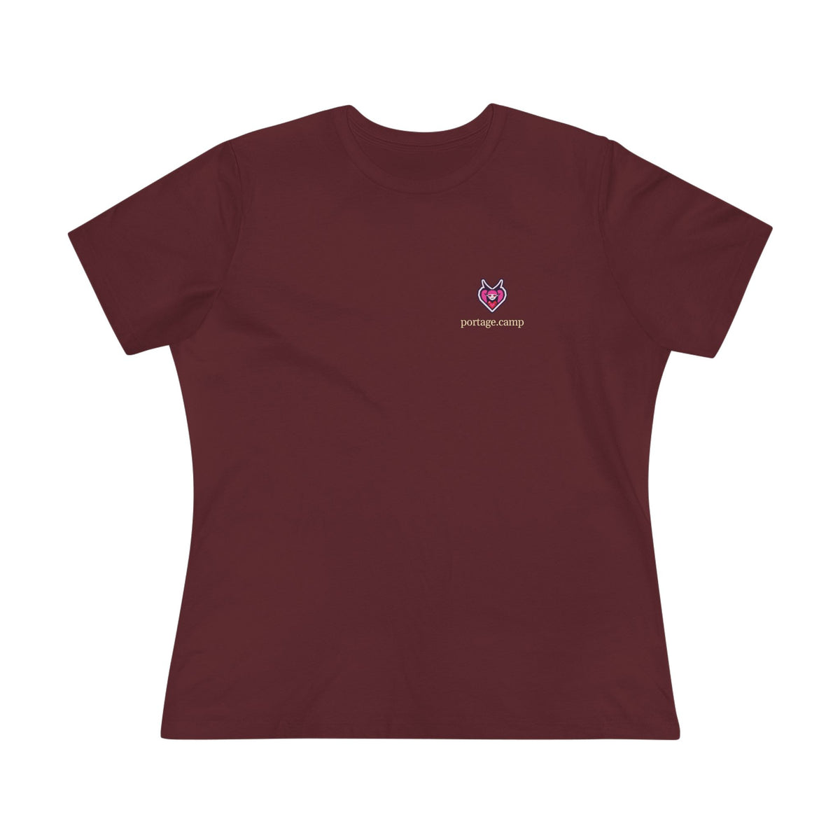 Heart Thief Women’s Relaxed Tee in Maroon, front view with the Heart Thief logo and portage.camp on the chest. Digital product mockup.