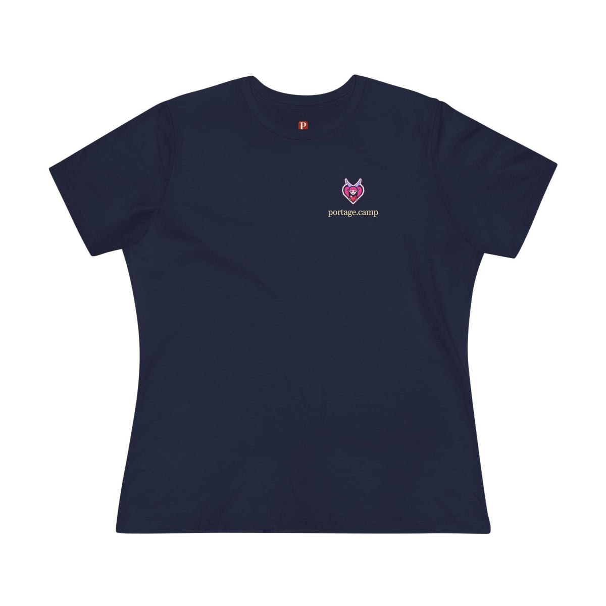 Heart Thief Women’s Relaxed Tee in Navy, front view with the Heart Thief logo and portage.camp on the chest. Digital product mockup.