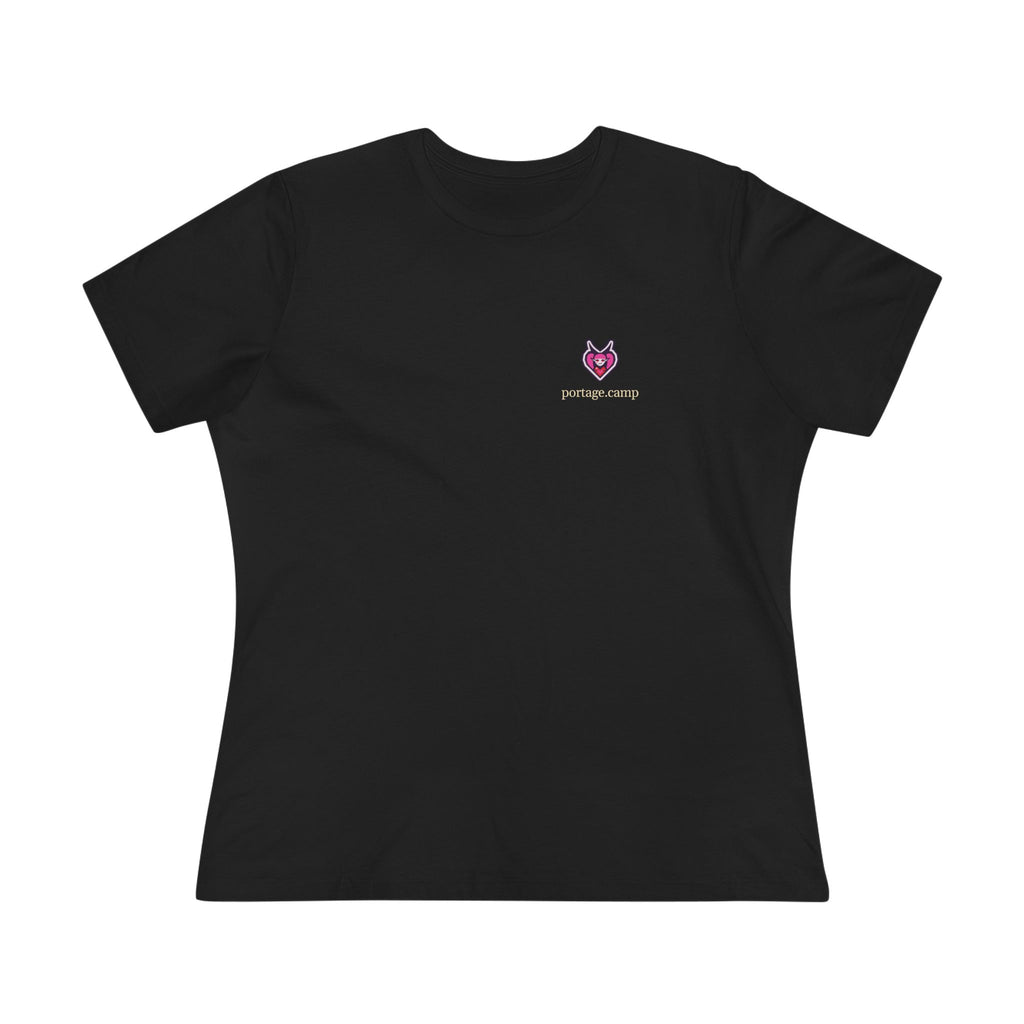Heart Thief Women’s Relaxed Tee in Black, front view with the Heart Thief logo and portage.camp on the chest. Digital product mockup.