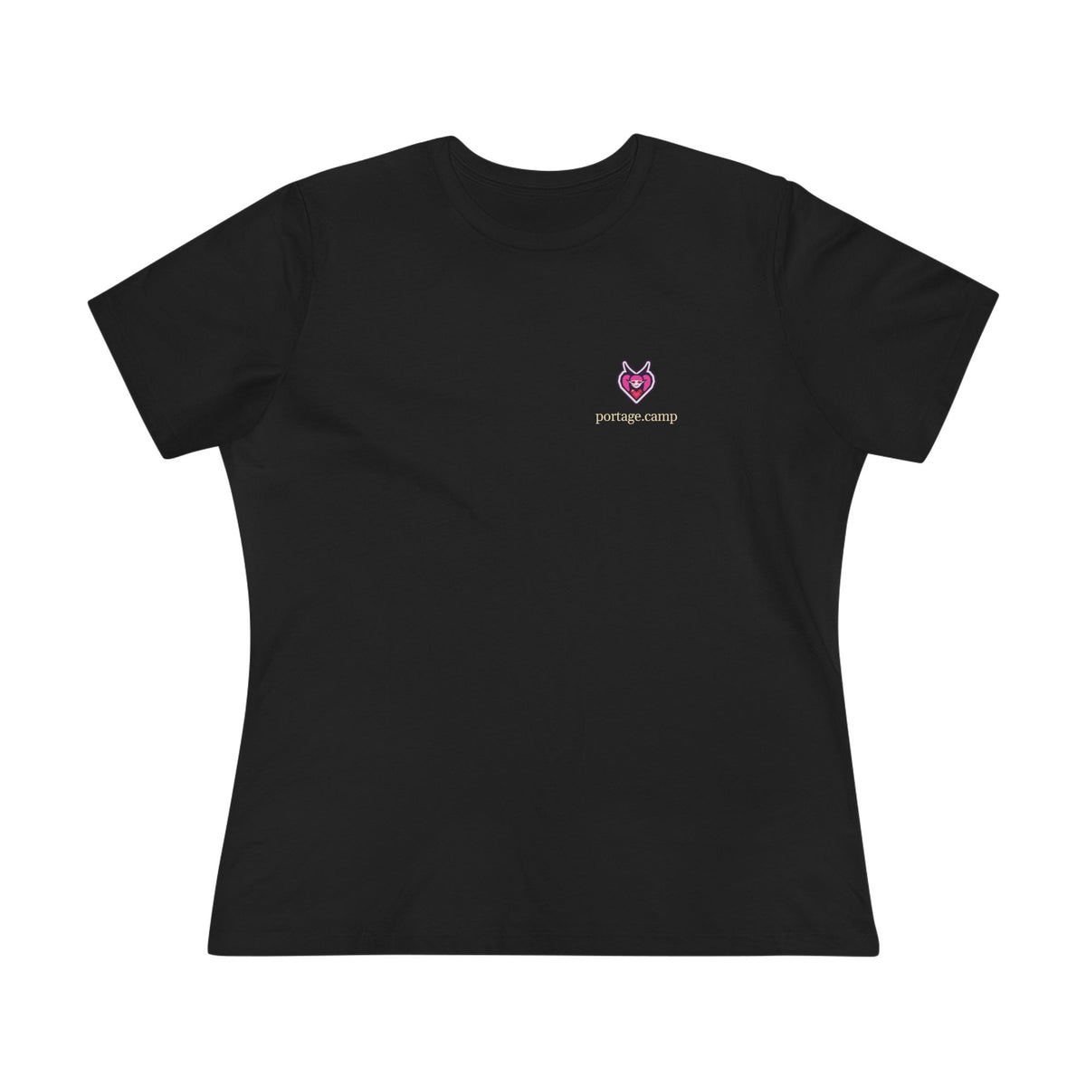 Heart Thief Women’s Relaxed Tee in Black, front view with the Heart Thief logo and portage.camp on the chest. Digital product mockup.