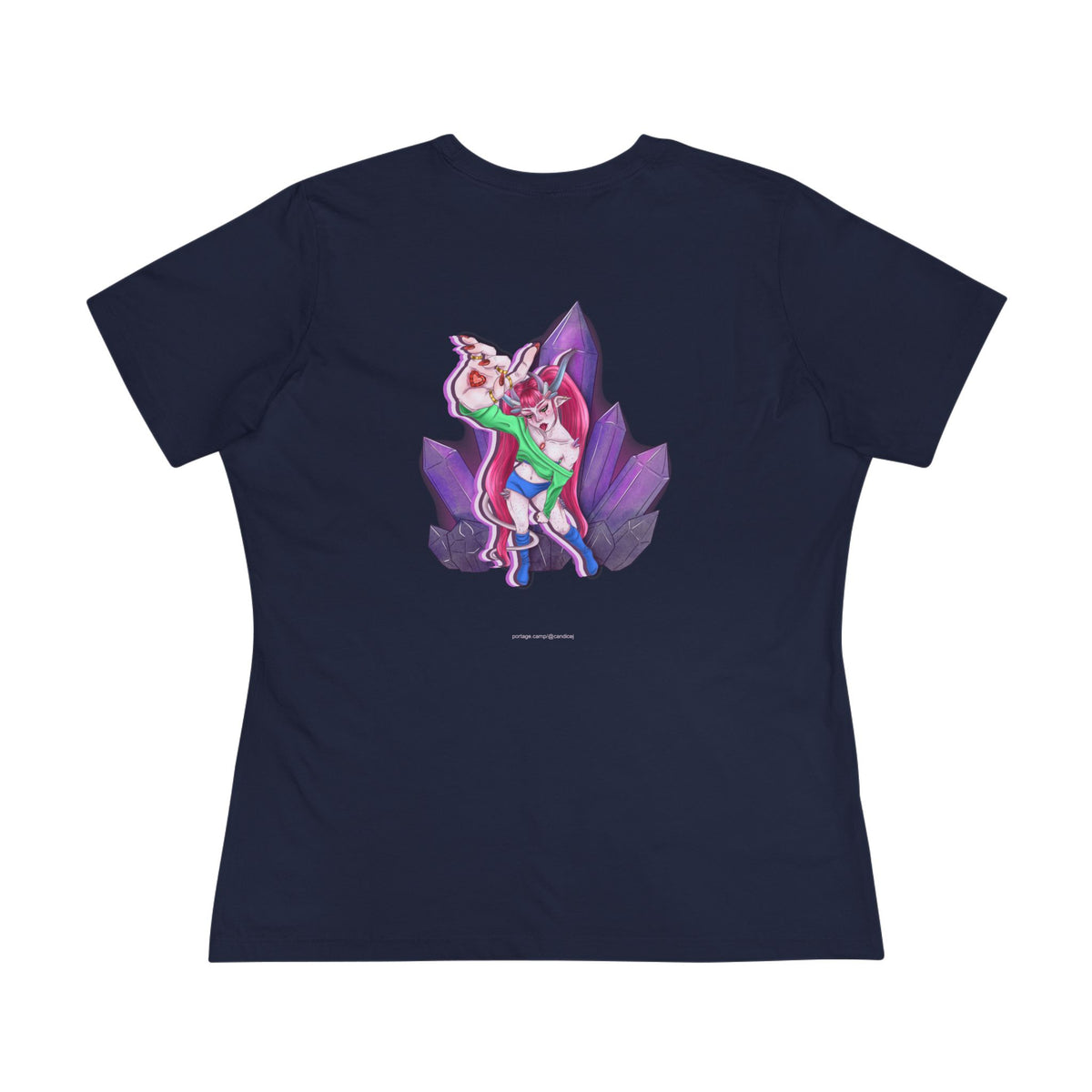 Heart Thief Women’s Relaxed Tee in Navy, back view with the large illustrated print. Digital product mockup.