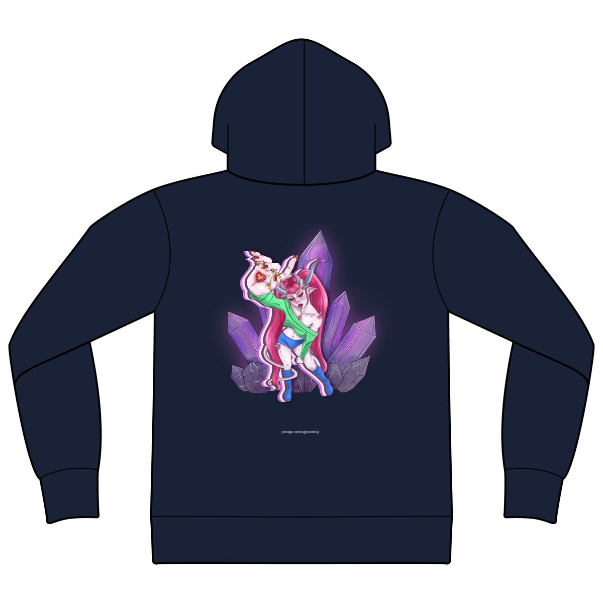 Heart Thief Zip Hoodie in Navy, back view with the large illustrated print. Digital product mockup.