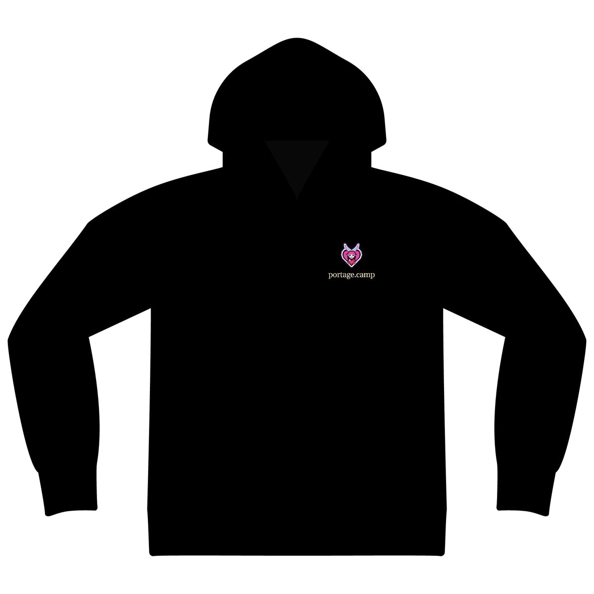 Heart Thief Zip Hoodie in Black, front view with the Heart Thief logo and portage.camp on the left chest. Digital product mockup.