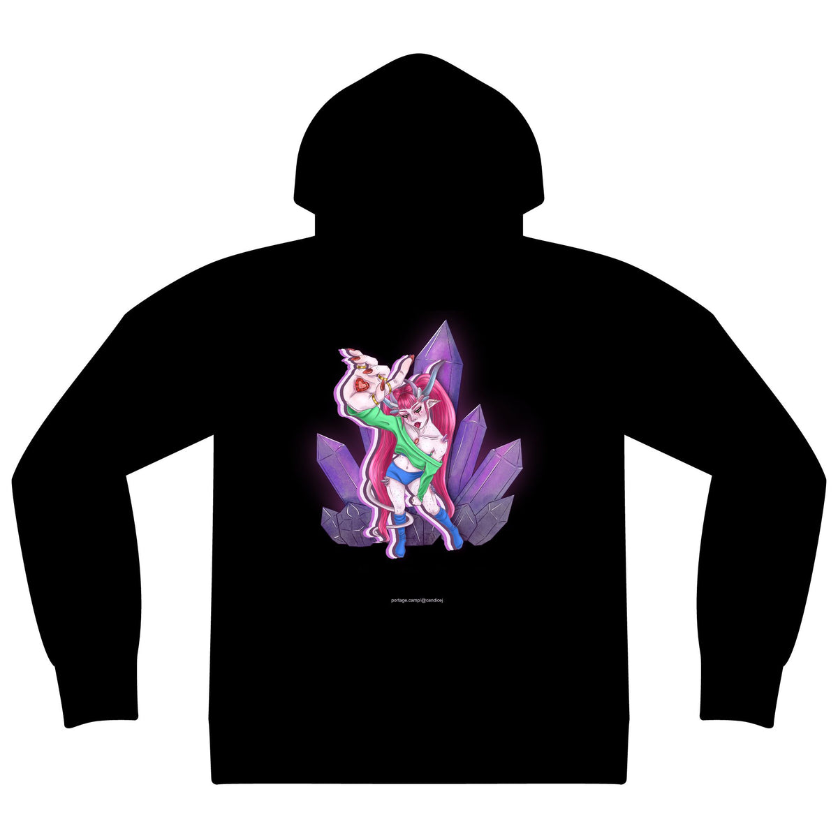 Heart Thief Zip Hoodie in Black, back view with the large illustrated print. Digital product mockup.