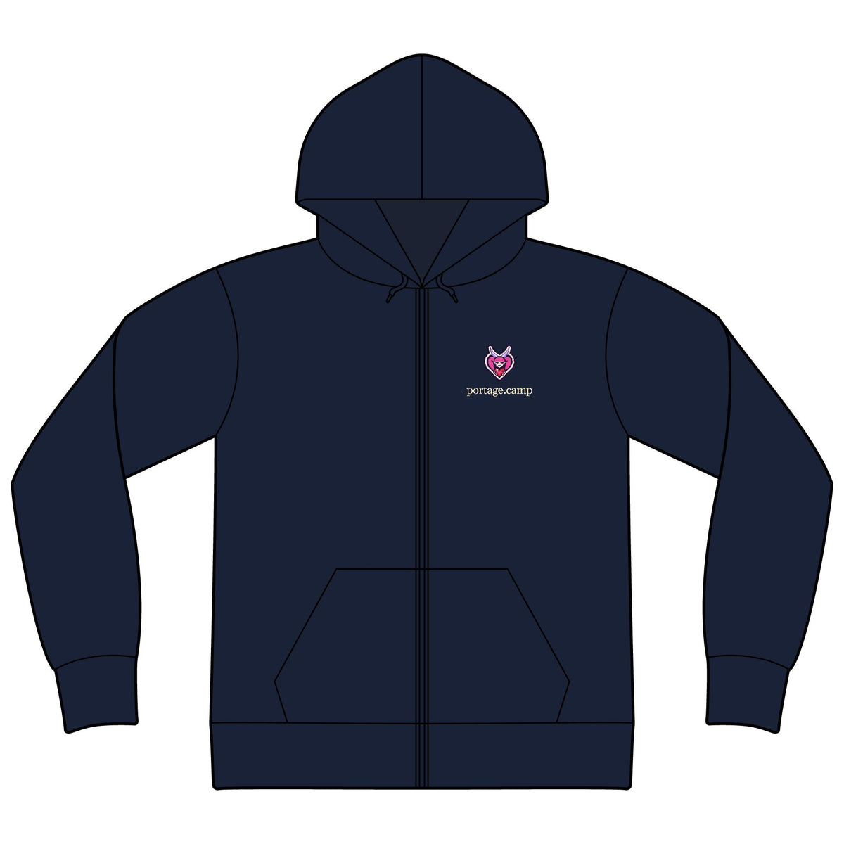 Heart Thief Zip Hoodie in Navy, front view with the Heart Thief logo and portage.camp on the left chest. Digital product mockup.