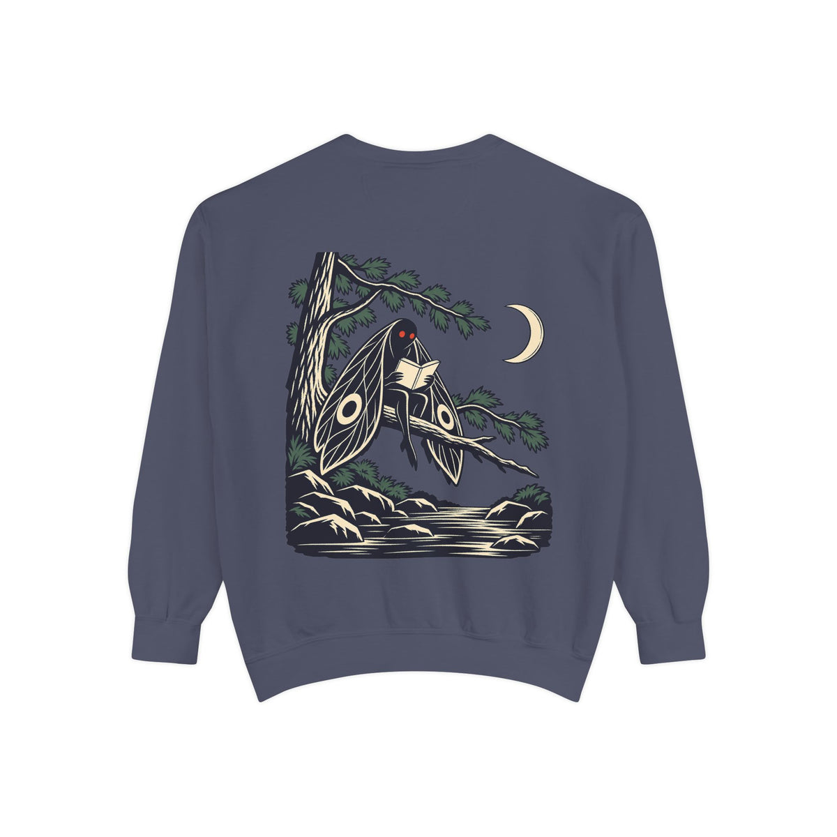 Night Library Garment-Dyed Crewneck in Denim, back view with the large illustrated print. Digital product mockup.
