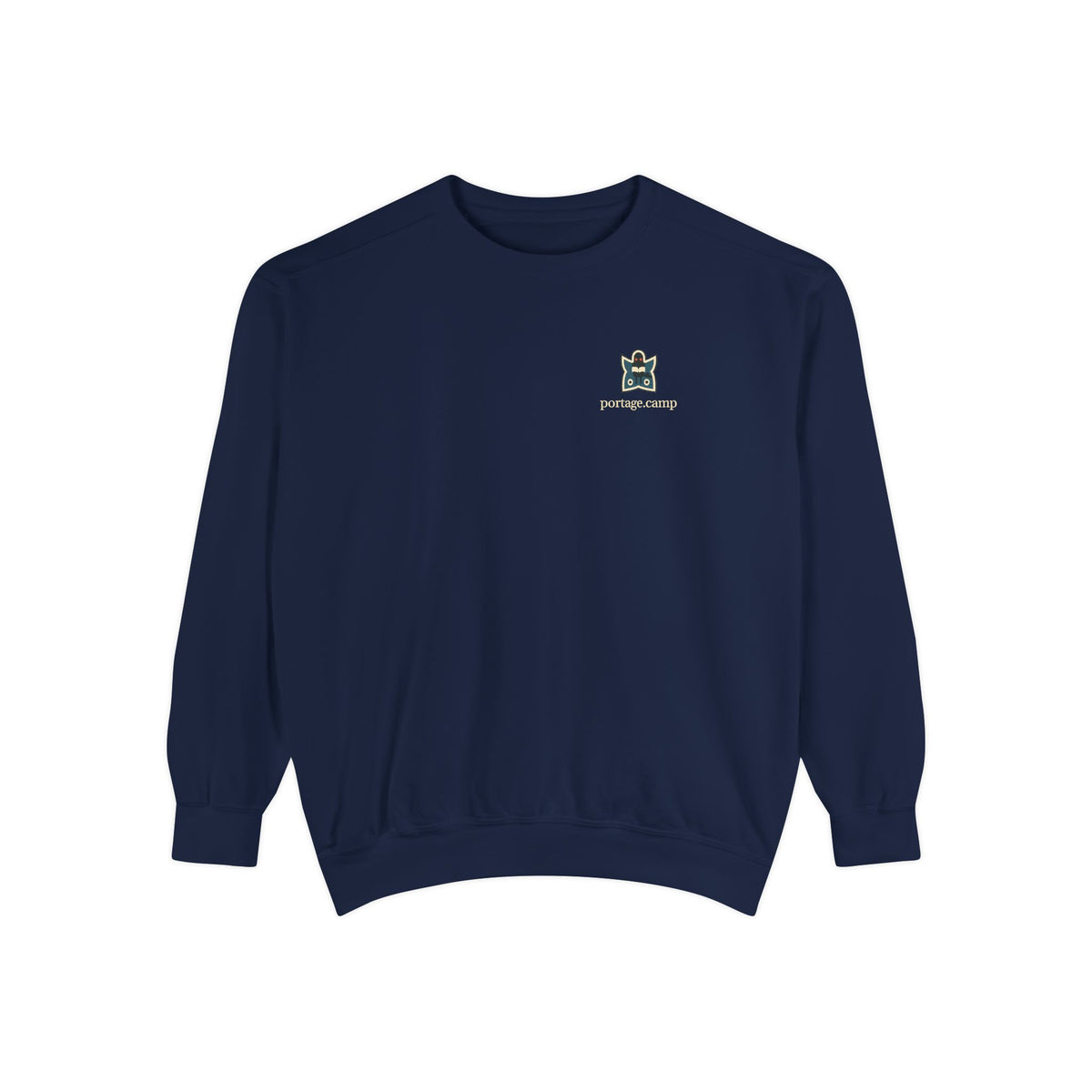 Night Library Garment-Dyed Crewneck in True Navy, front view with the Night Library logo and portage.camp on the chest. Digital product mockup.