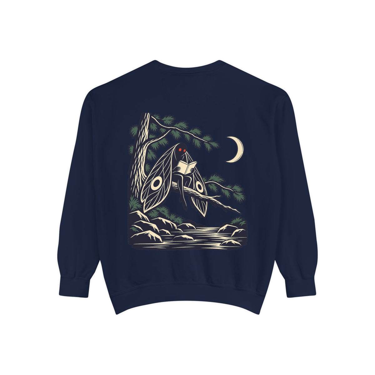 Night Library Garment-Dyed Crewneck in True Navy, back view with the large illustrated print. Digital product mockup.