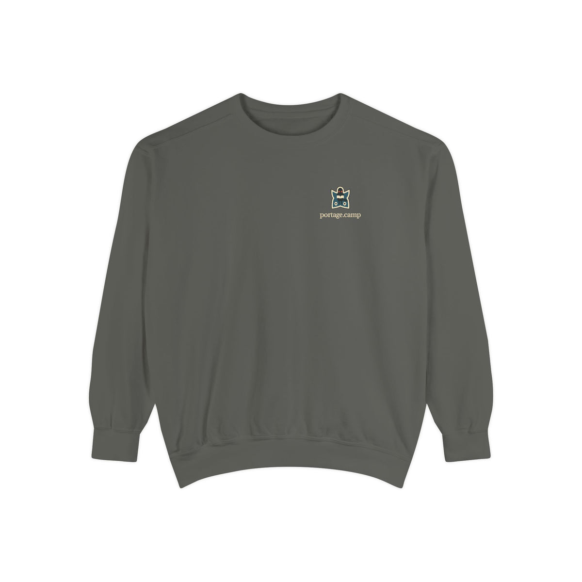 Night Library Garment-Dyed Crewneck in Pepper, front view with the Night Library logo and portage.camp on the chest. Digital product mockup.