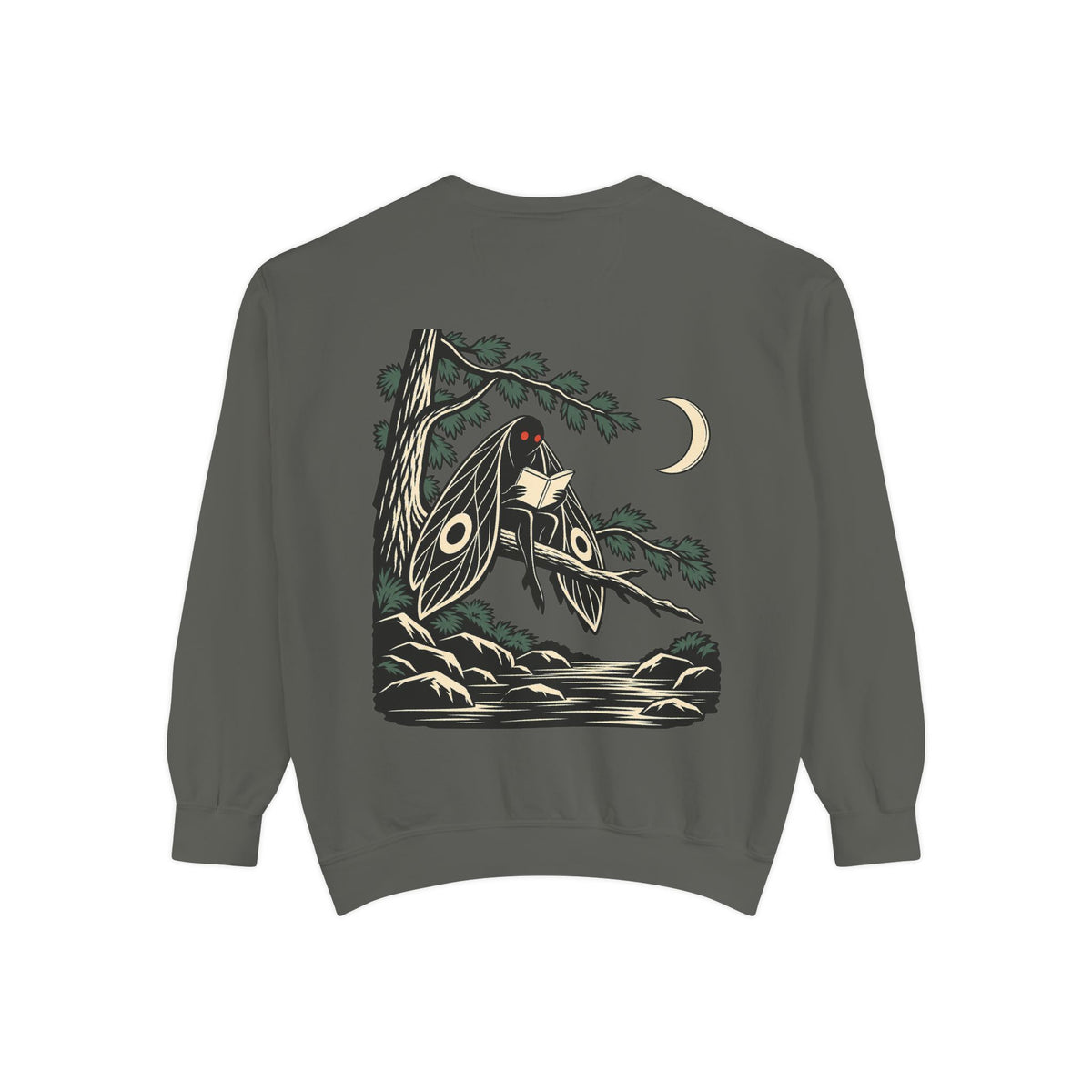 Night Library Garment-Dyed Crewneck in Pepper, back view with the large illustrated print. Digital product mockup.