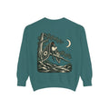 Night Library Garment-Dyed Crewneck in Blue Spruce, back view with the large illustrated print. Digital product mockup.