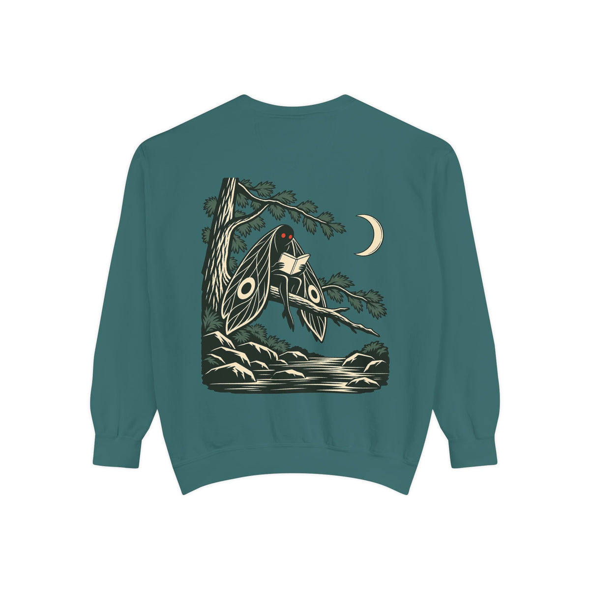 Night Library Garment-Dyed Crewneck in Blue Spruce, back view with the large illustrated print. Digital product mockup.