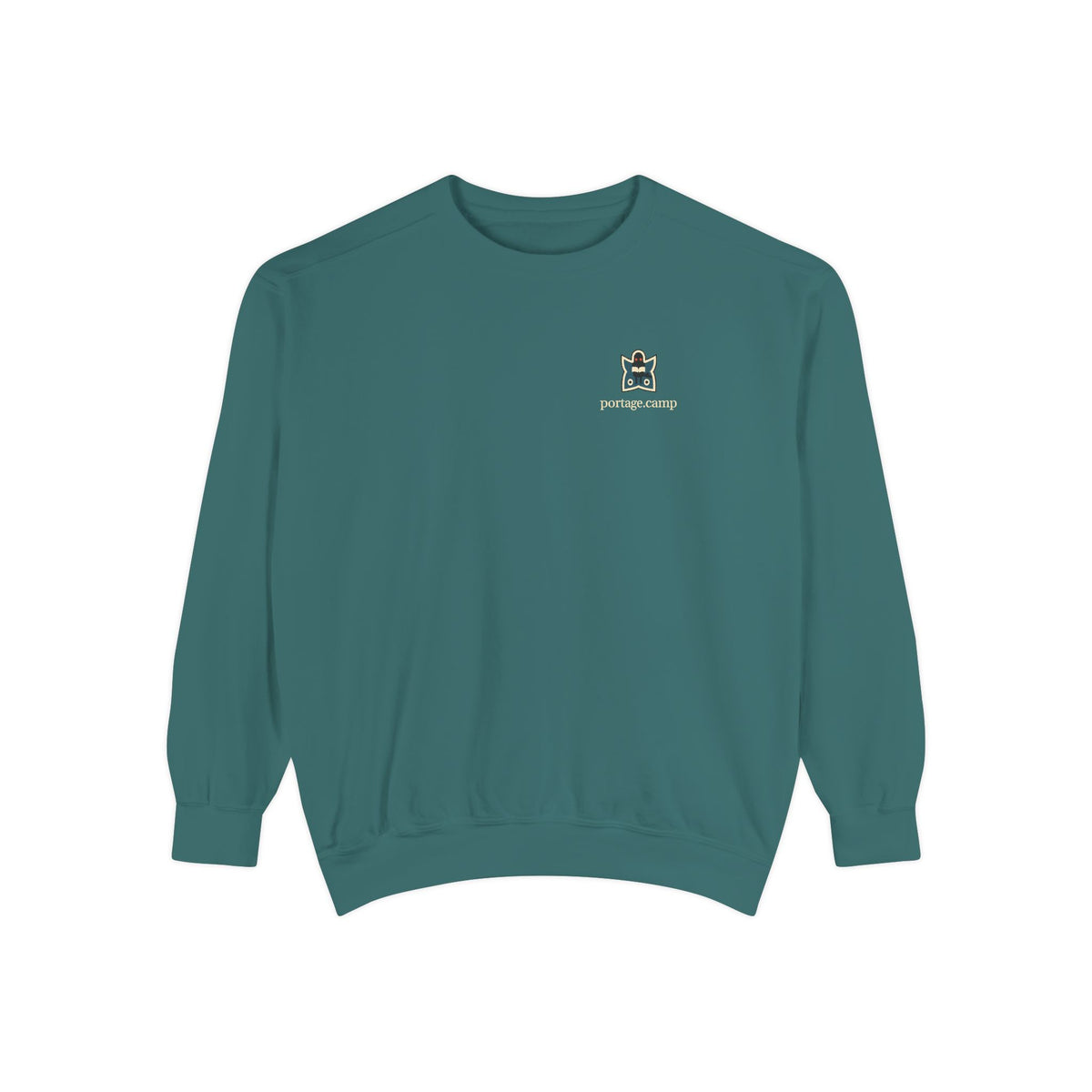 Night Library Garment-Dyed Crewneck in Blue Spruce, front view with the Night Library logo and portage.camp on the chest. Digital product mockup.
