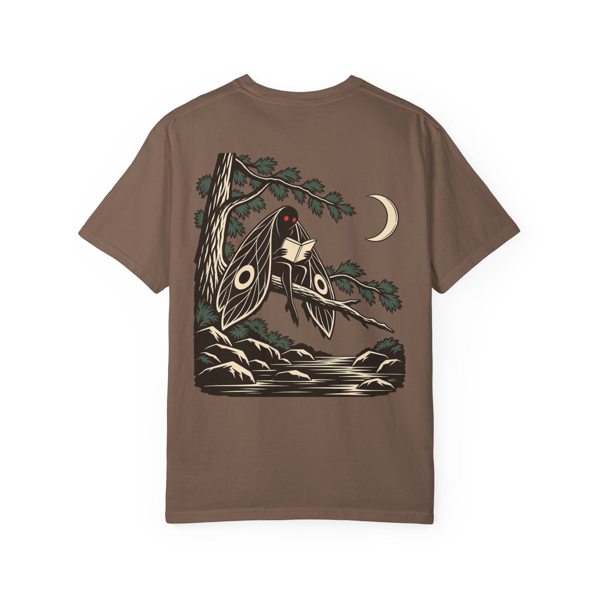 Night Library Garment-Dyed Tee in Espresso, back view with the large illustrated print. Digital product mockup.