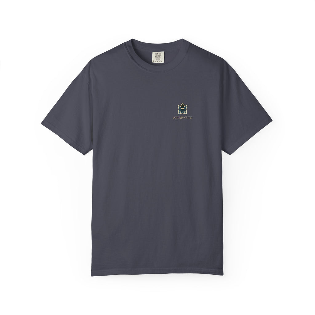 Night Library Garment-Dyed Tee in Navy, front view with the Night Library logo and portage.camp on the chest. Digital product mockup.