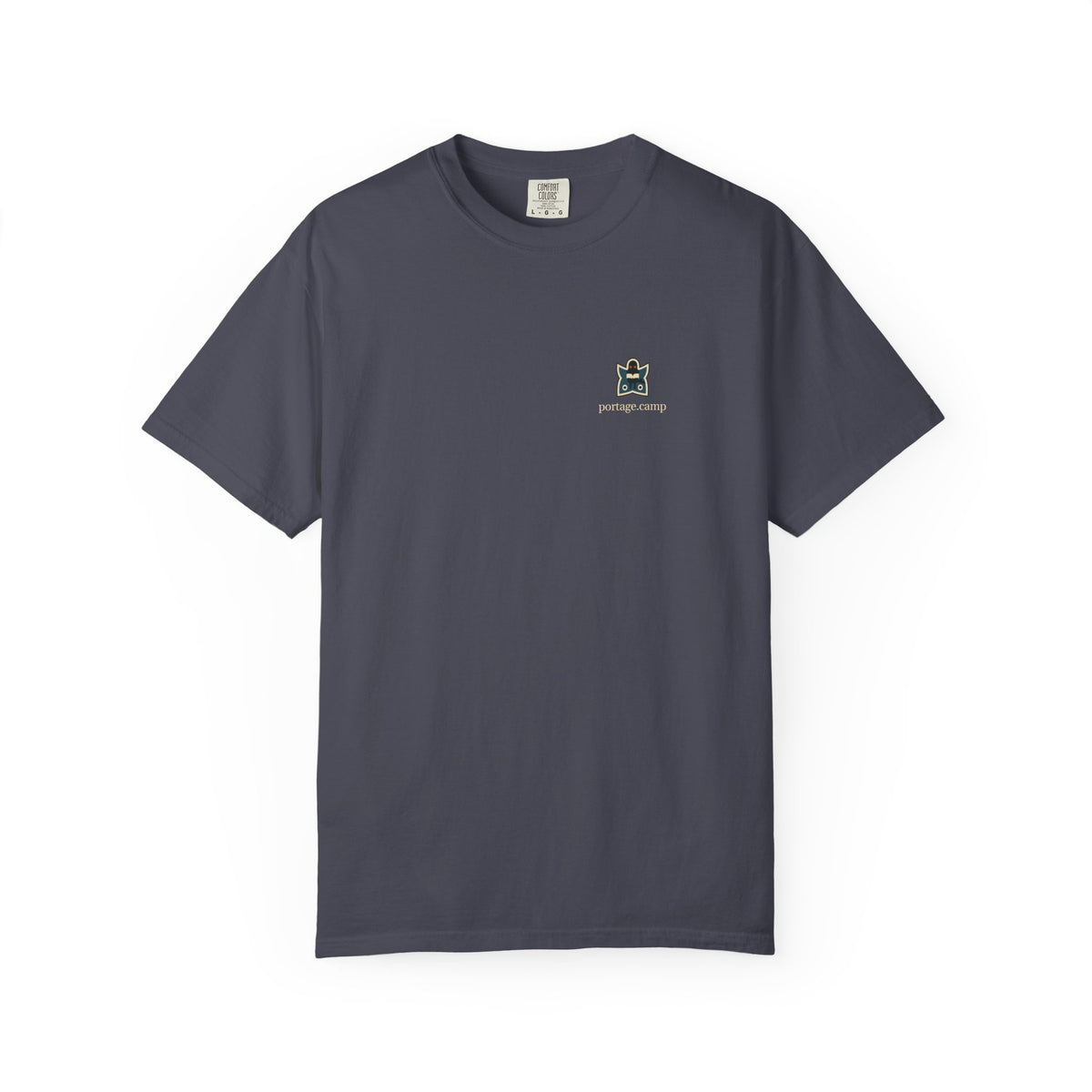 Night Library Garment-Dyed Tee in Navy, front view with the Night Library logo and portage.camp on the chest. Digital product mockup.