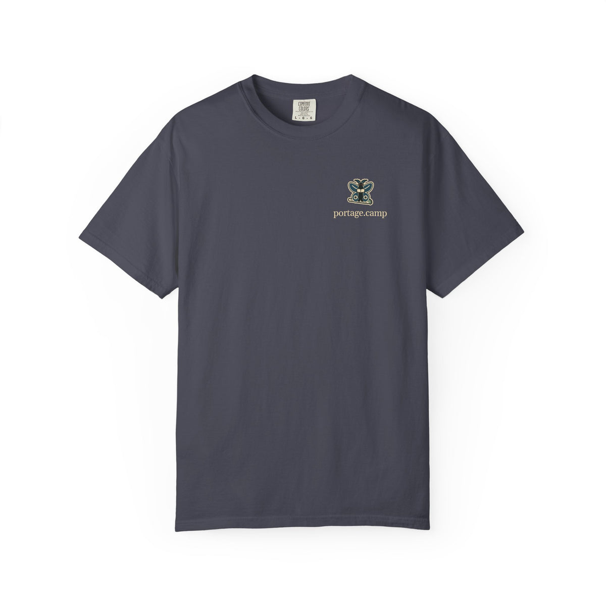 Night Library Garment-Dyed Tee in Navy, front view with the Night Library logo and portage.camp on the chest. Digital product mockup.