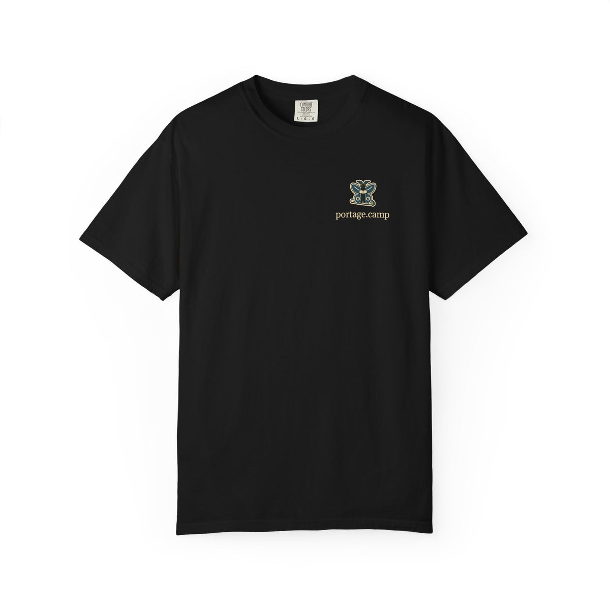 Night Library Garment-Dyed Tee in Black, front view with the Night Library logo and portage.camp on the chest. Digital product mockup.
