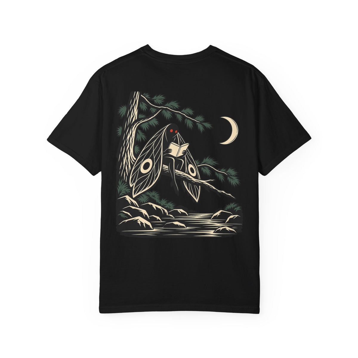Night Library Garment-Dyed Tee in Black, back view with the large illustrated print. Digital product mockup.