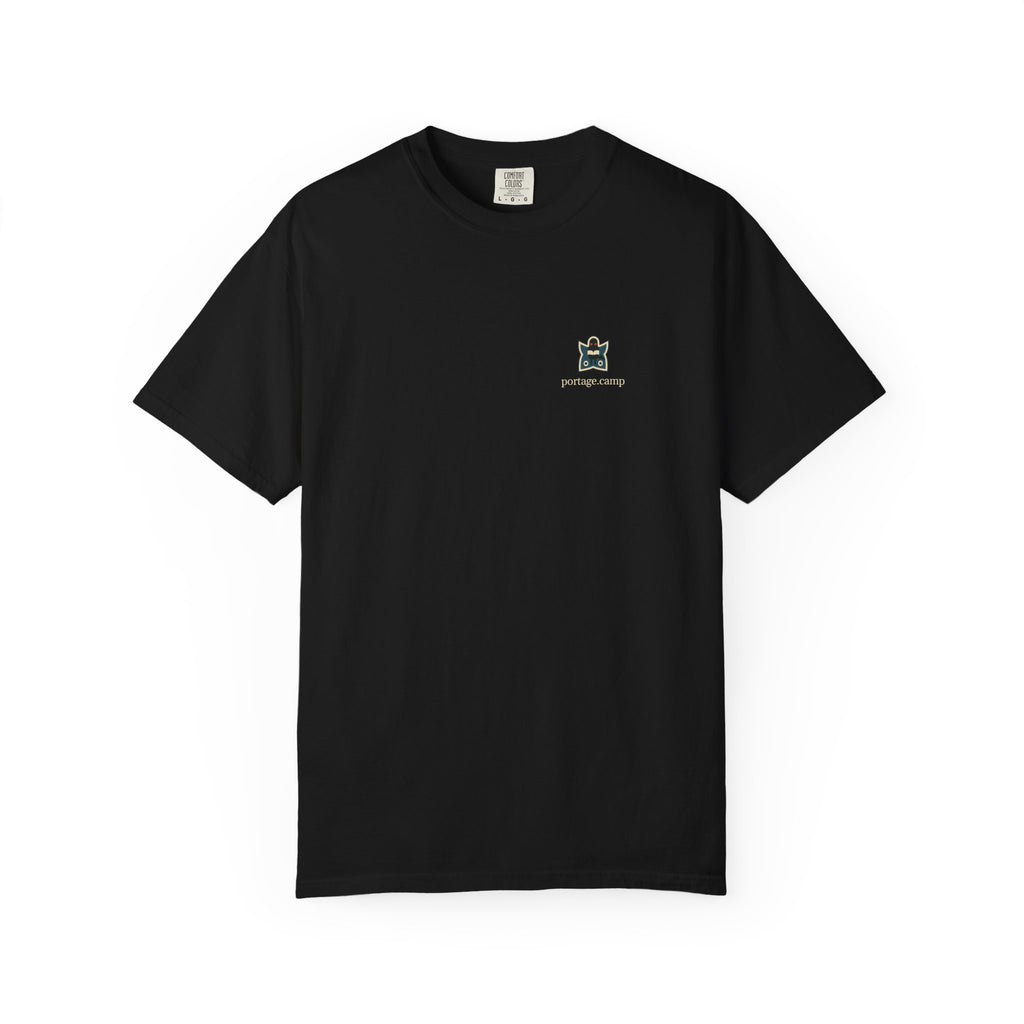 Night Library Garment-Dyed Tee in Black, front view with the Night Library logo and portage.camp on the chest. Digital product mockup.