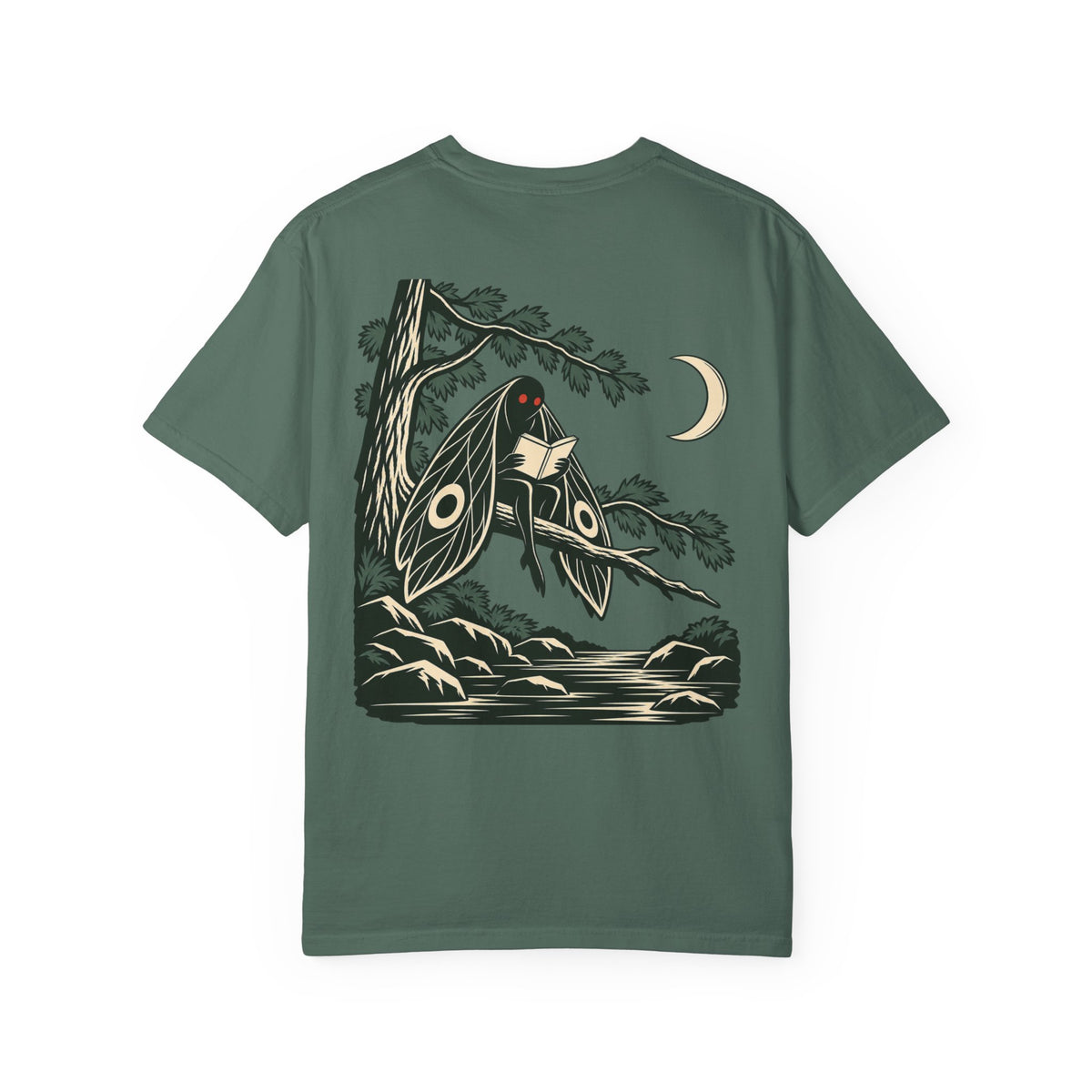 Night Library Garment-Dyed Tee in Blue Spruce, back view with the large illustrated print. Digital product mockup.