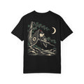 Night Library Garment-Dyed Tee in Black, back view with the large illustrated print. Digital product mockup.