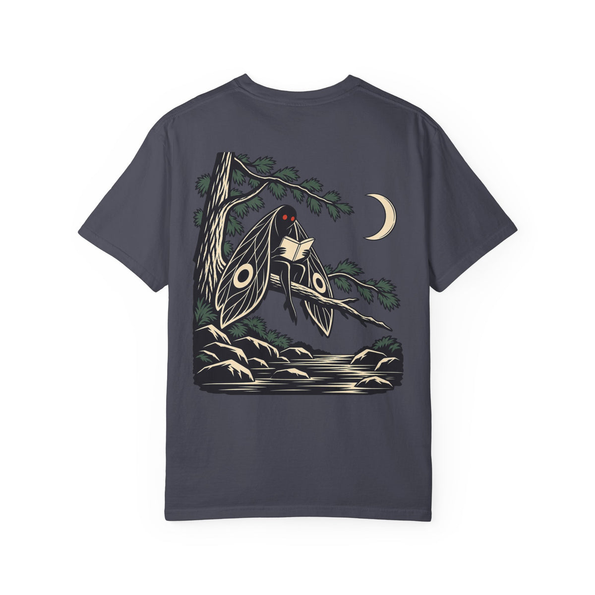 Night Library Garment-Dyed Tee in Navy, back view with the large illustrated print. Digital product mockup.