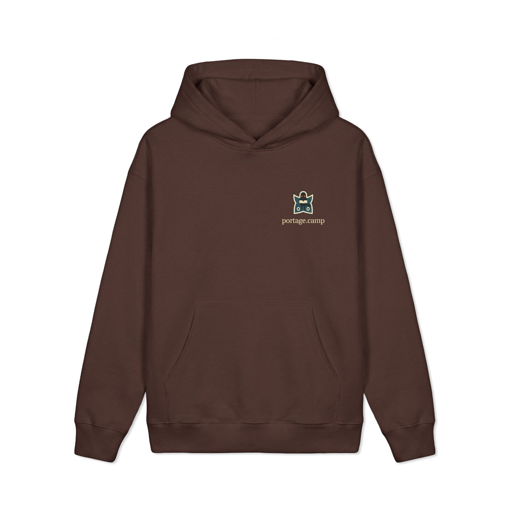Night Library Heavyweight Hoodie in Brown, front view with the Night Library logo and portage.camp on the left chest. Digital product mockup.