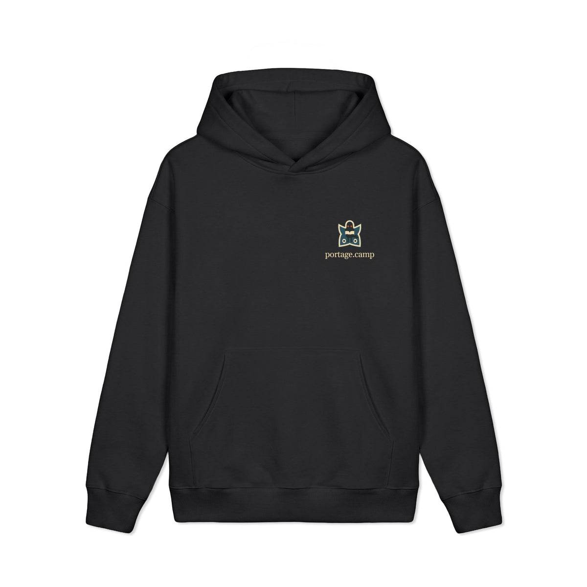 Night Library Heavyweight Hoodie in Black, front view with the Night Library logo and portage.camp on the left chest. Digital product mockup.