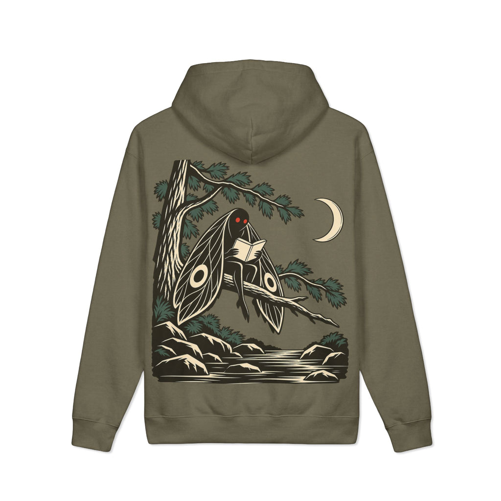 Night Library Heavyweight Hoodie in Olive, back view with the large illustrated print. Digital product mockup.