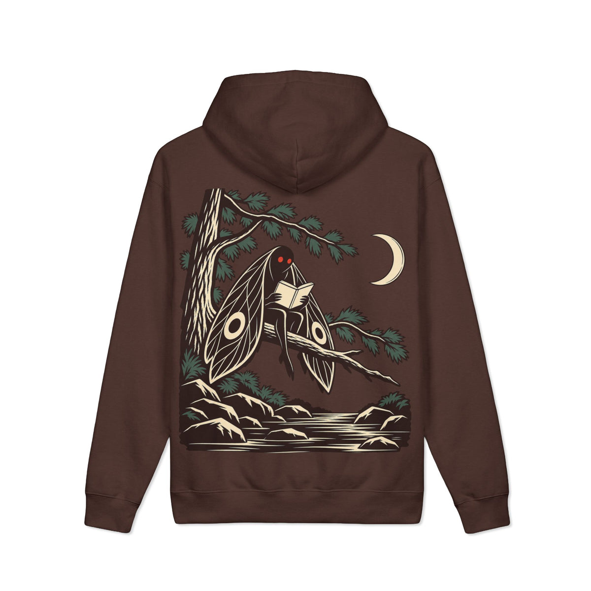 Night Library Heavyweight Hoodie in Brown, back view with the large illustrated print. Digital product mockup.