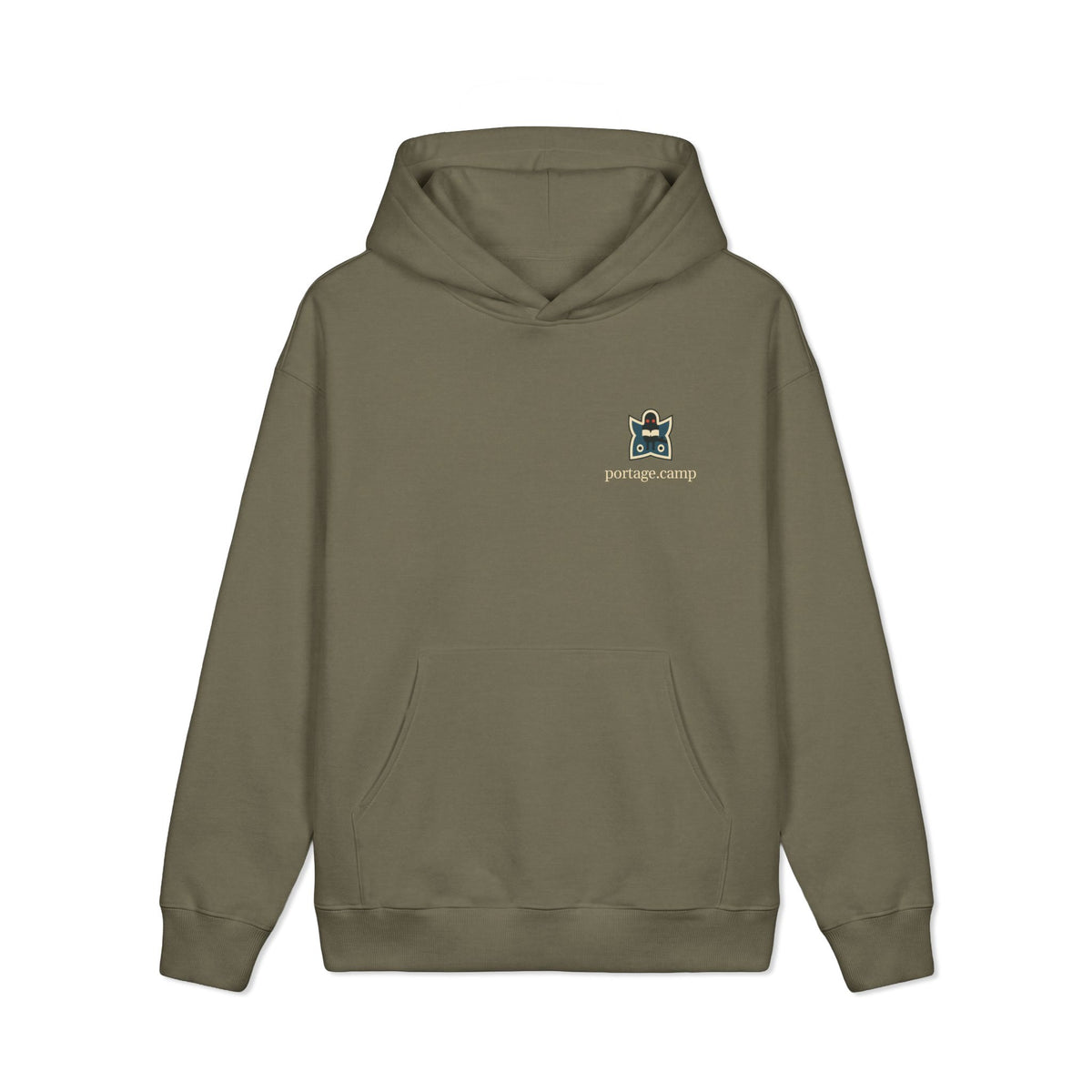 Night Library Heavyweight Hoodie in Olive, front view with the Night Library logo and portage.camp on the left chest. Digital product mockup.