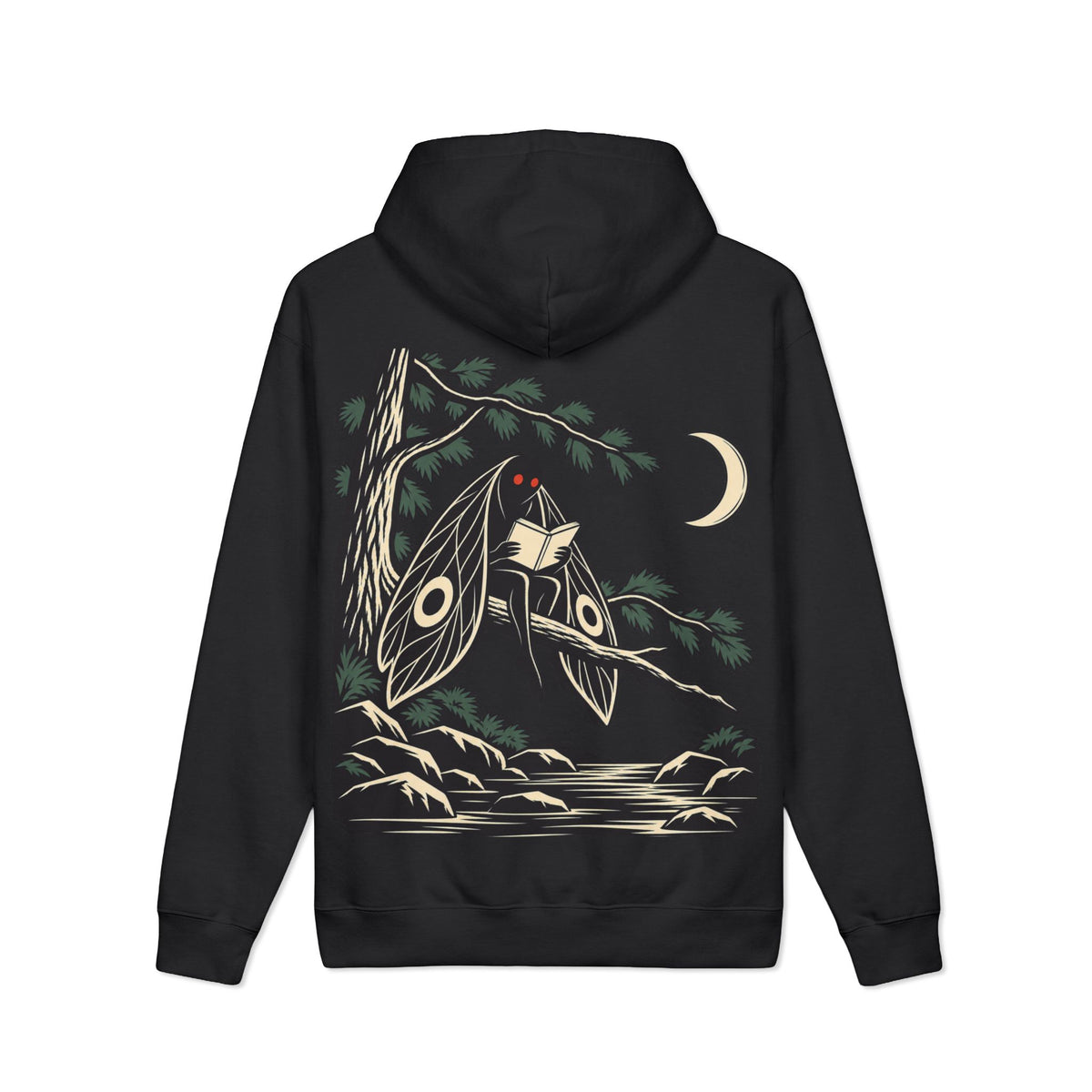 Night Library Heavyweight Hoodie in Black, back view with the large illustrated print. Digital product mockup.