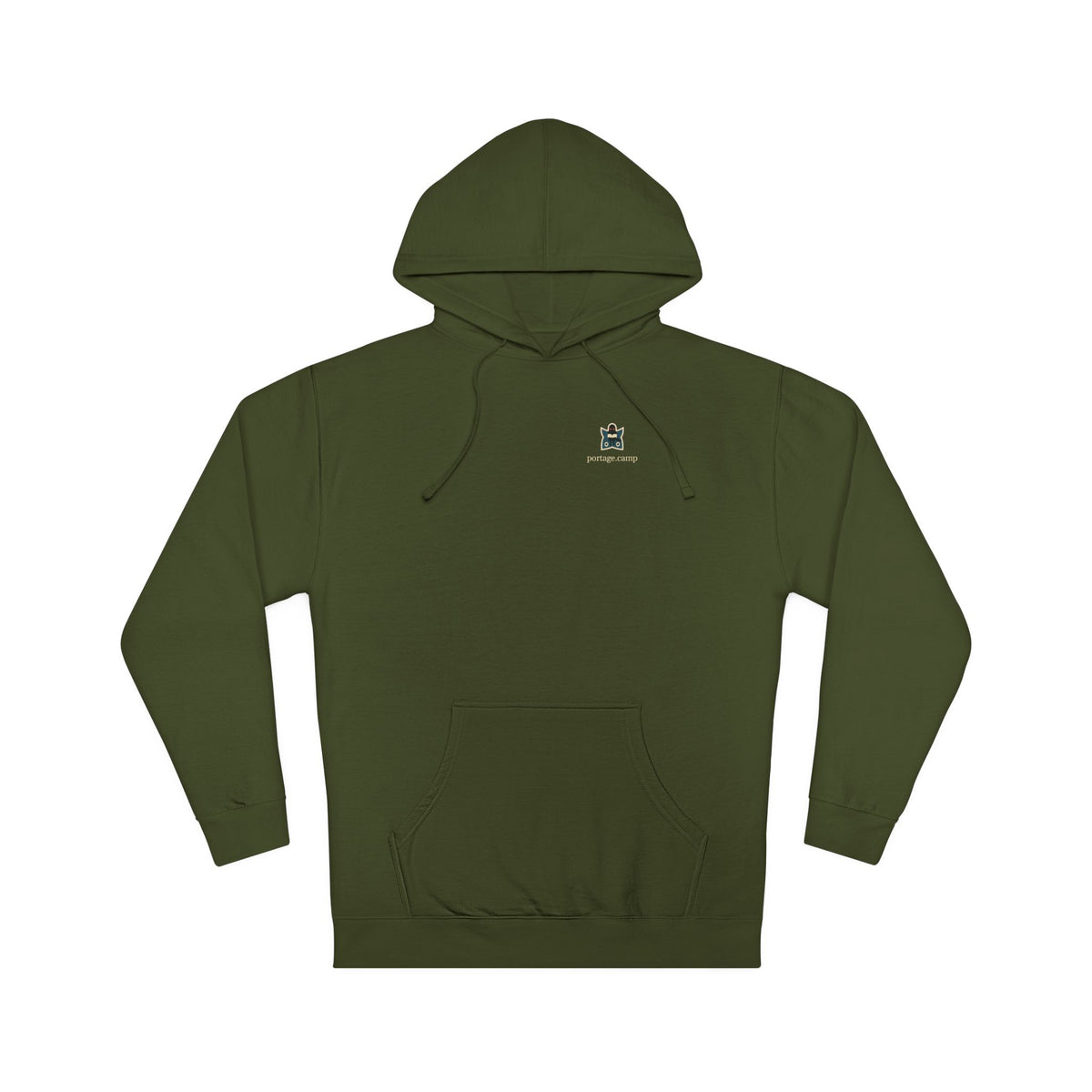 Night Library Midweight Hoodie in Army, front view with the Night Library logo and portage.camp on the chest. Digital product mockup.