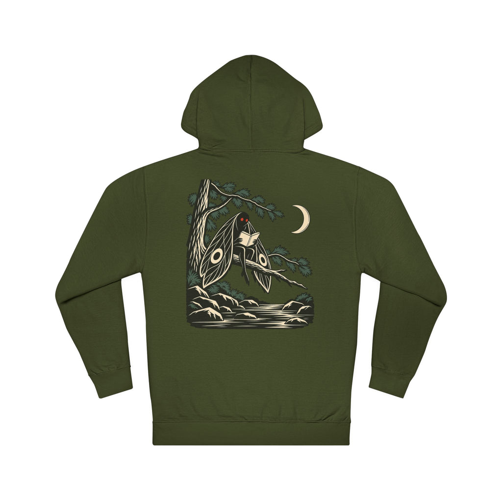 Night Library Midweight Hoodie in Army, back view with the large illustrated print. Digital product mockup.