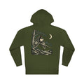 Night Library Midweight Hoodie in Army, back view with the large illustrated print. Digital product mockup.