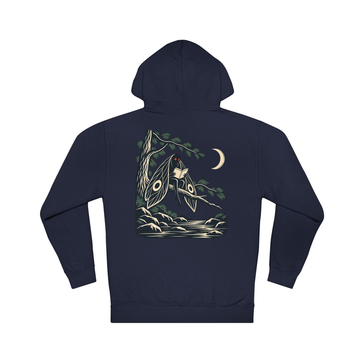 Night Library Midweight Hoodie in Classic Navy, back view with the large illustrated print. Digital product mockup.