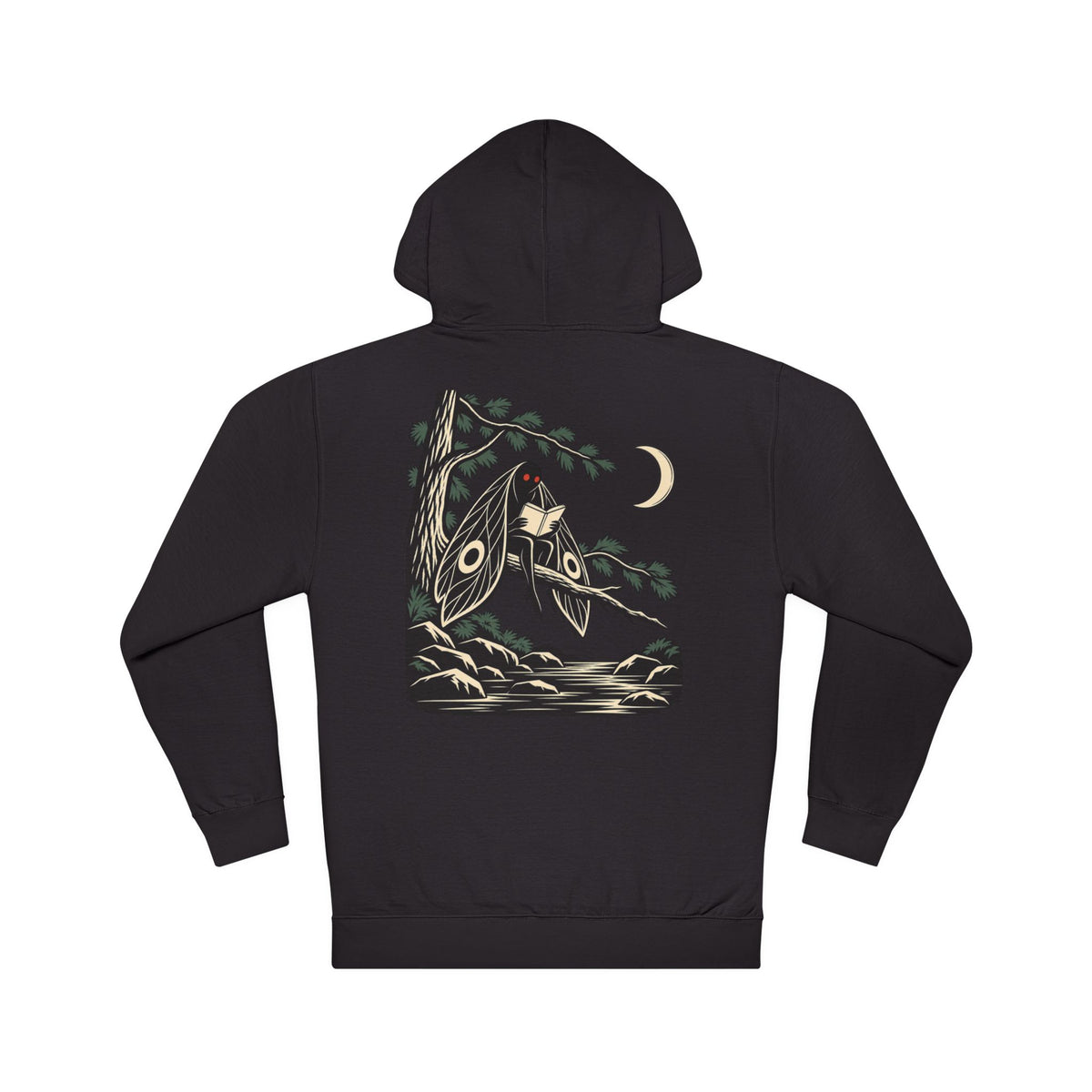 Night Library Midweight Hoodie in Black, back view with the large illustrated print. Digital product mockup.