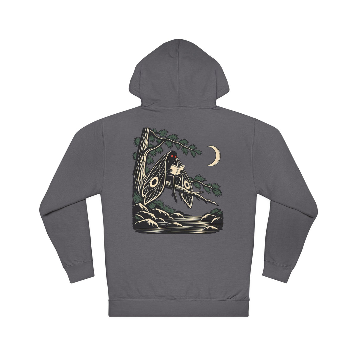Night Library Midweight Hoodie in Charcoal, back view with the large illustrated print. Digital product mockup.