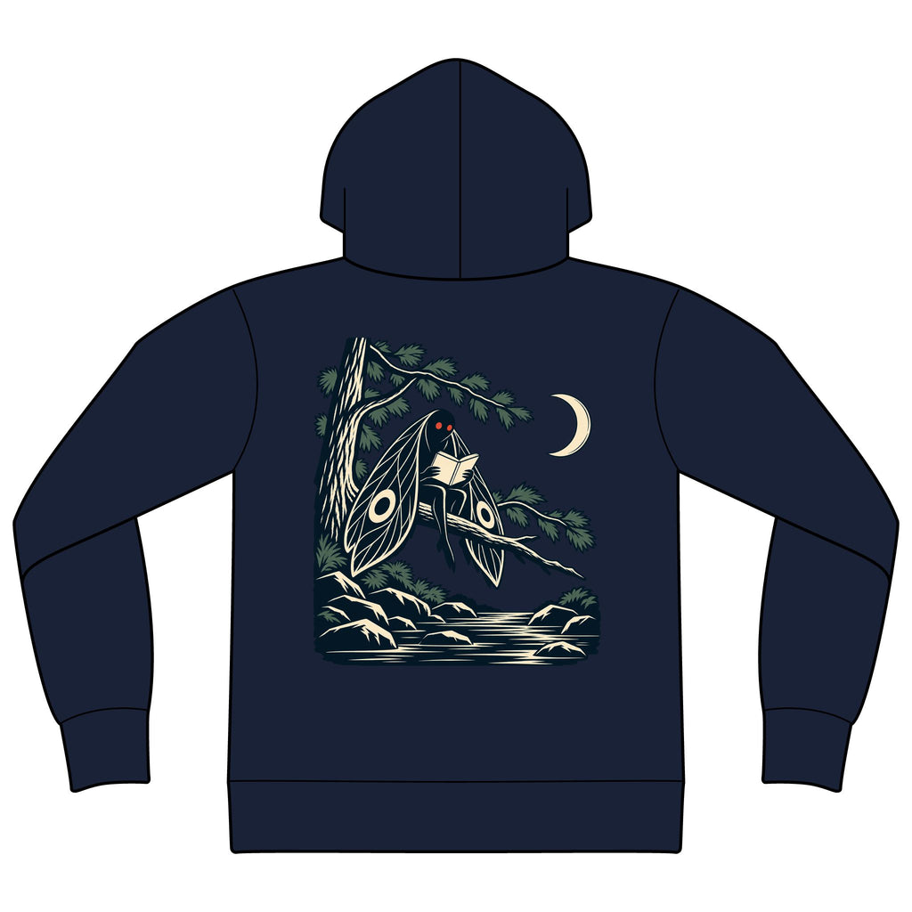 Night Library Zip Hoodie in Navy, back view with the large illustrated print. Digital product mockup.