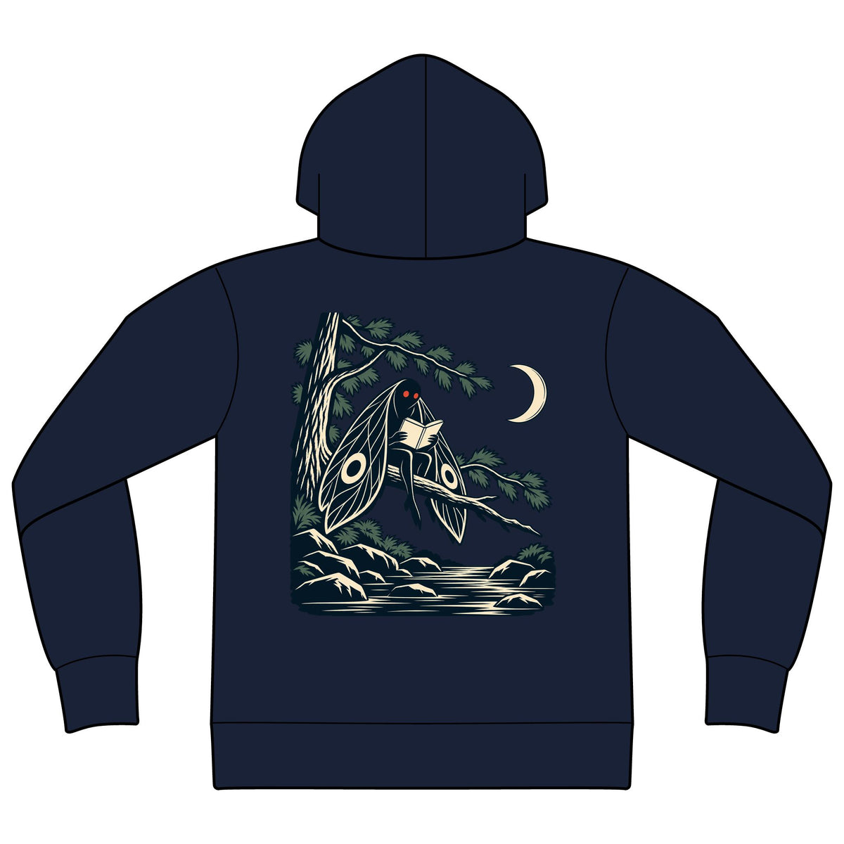 Night Library Zip Hoodie in Navy, back view with the large illustrated print. Digital product mockup.