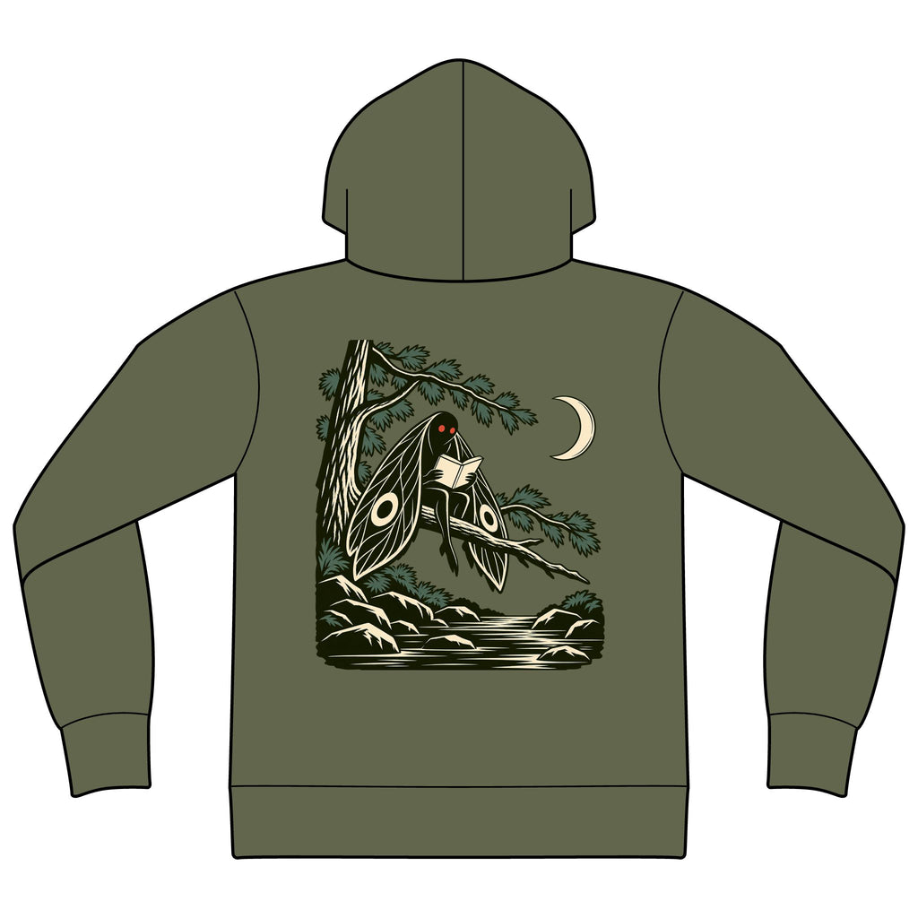 Night Library Zip Hoodie in Military Green, back view with the large illustrated print. Digital product mockup.