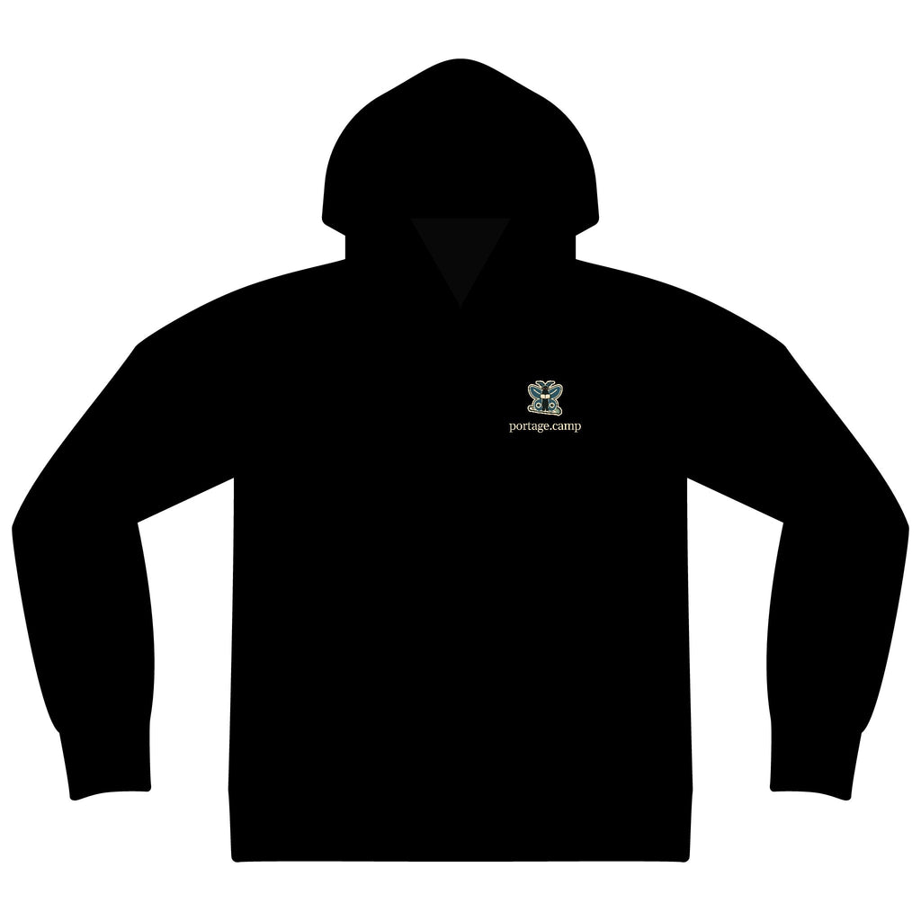 Night Library Zip Hoodie in Black, front view with the Night Library logo and portage.camp on the left chest. Digital product mockup.