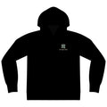 Night Library Zip Hoodie in Black, front view with the Night Library logo and portage.camp on the left chest. Digital product mockup.