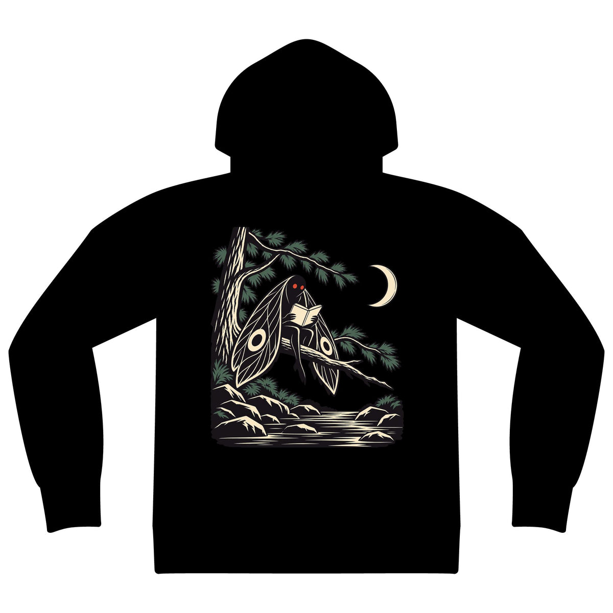 Night Library Zip Hoodie in Black, back view with the large illustrated print. Digital product mockup.