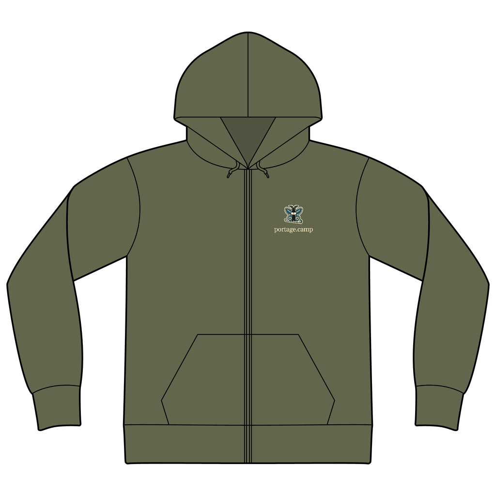 Night Library Zip Hoodie in Military Green, front view with the Night Library logo and portage.camp on the left chest. Digital product mockup.